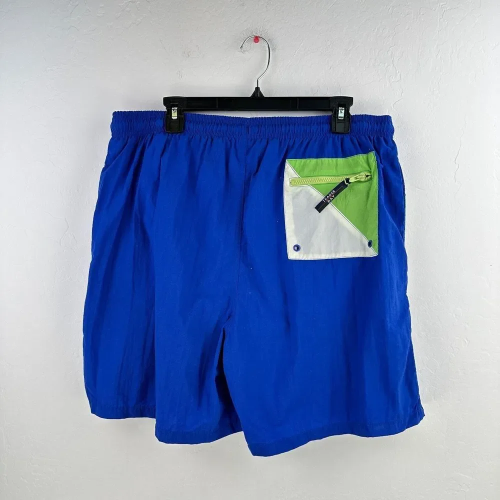 Vintage 90s Trader Bay Swim Shorts Trunks Mens L Blue Green Striped‎ Drawstring